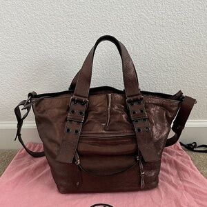 Francesco Biasia Metallic Bronze Leather Crossbody Satchel Tote Bag